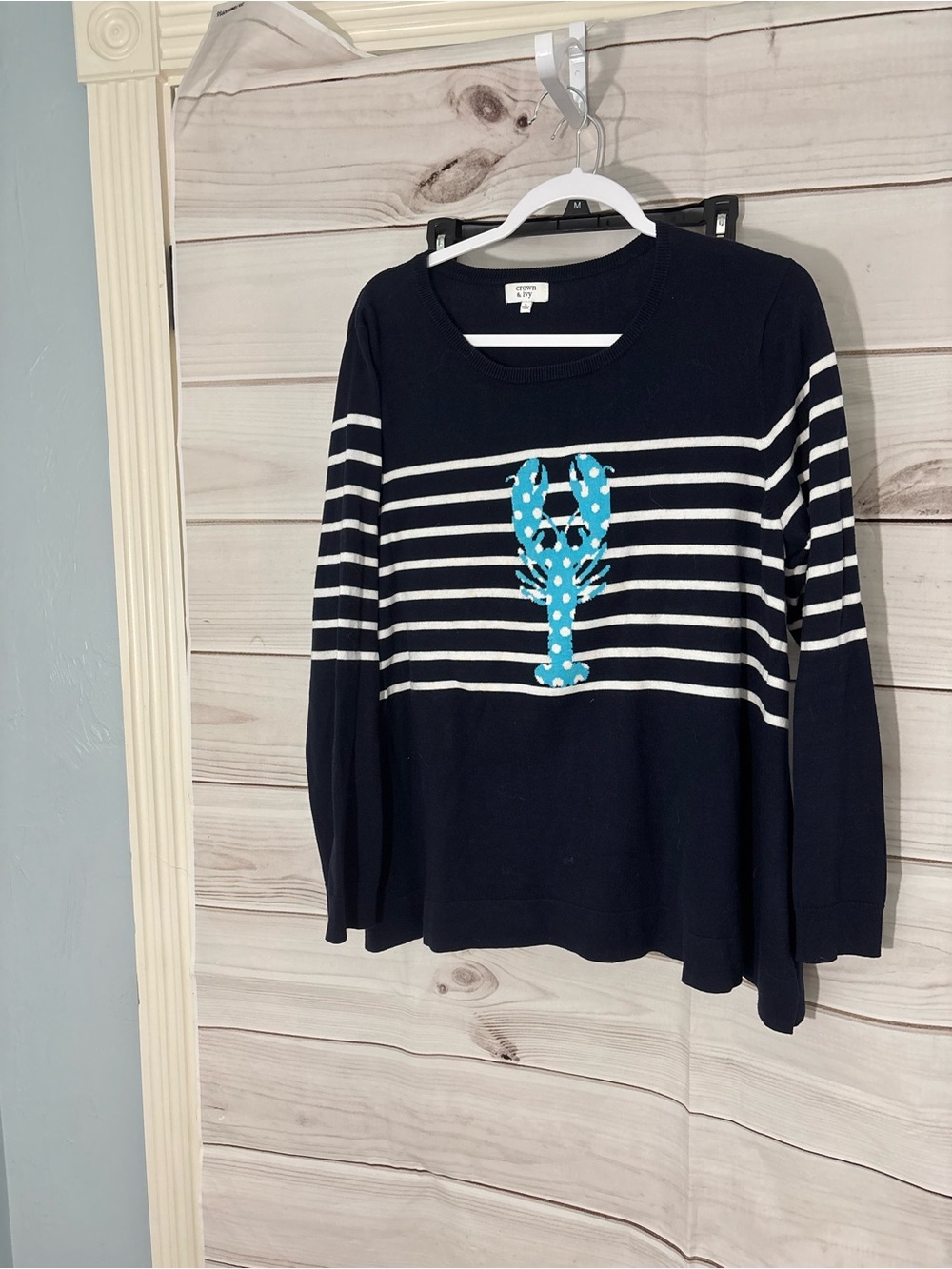 crown & ivy Navy Striped Top with Aqua Lobster Applique